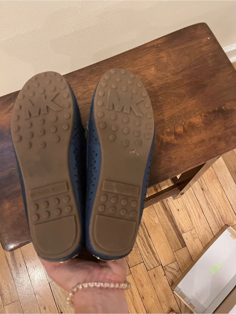 Michael Kors Navy Perforated Leather Loafers with Bow Accent